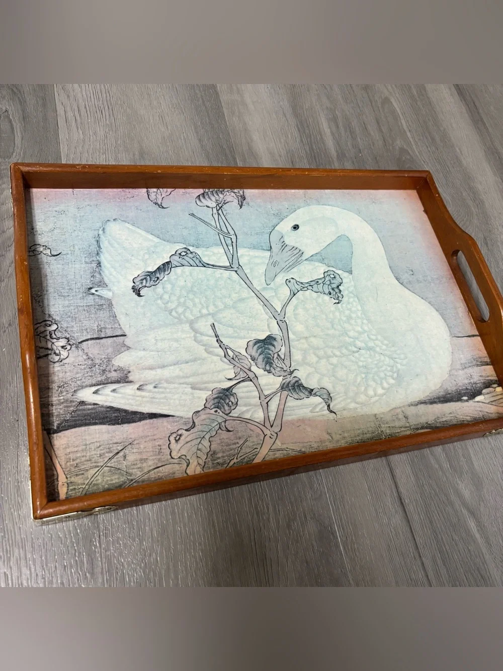 Vintage Cottage Core Farmhouse Wooden Swan Food Tray with Brass Handle Corners